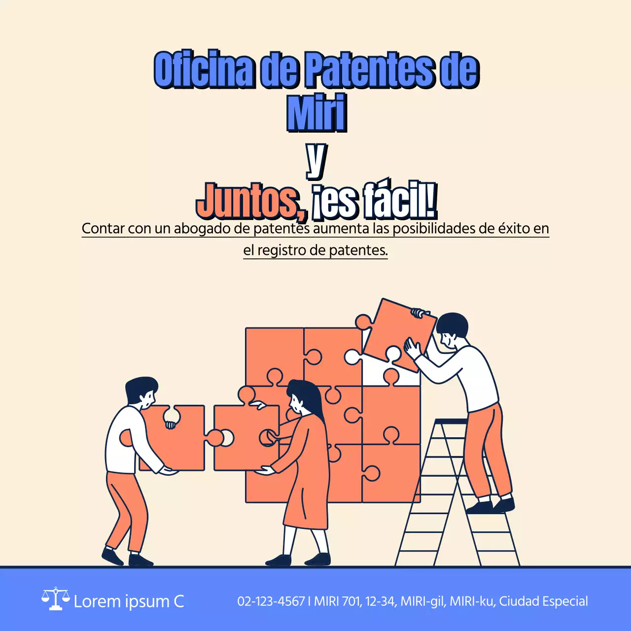 Tarjeta informativa de solicitud de patente en beige, azul y naranja Noticias