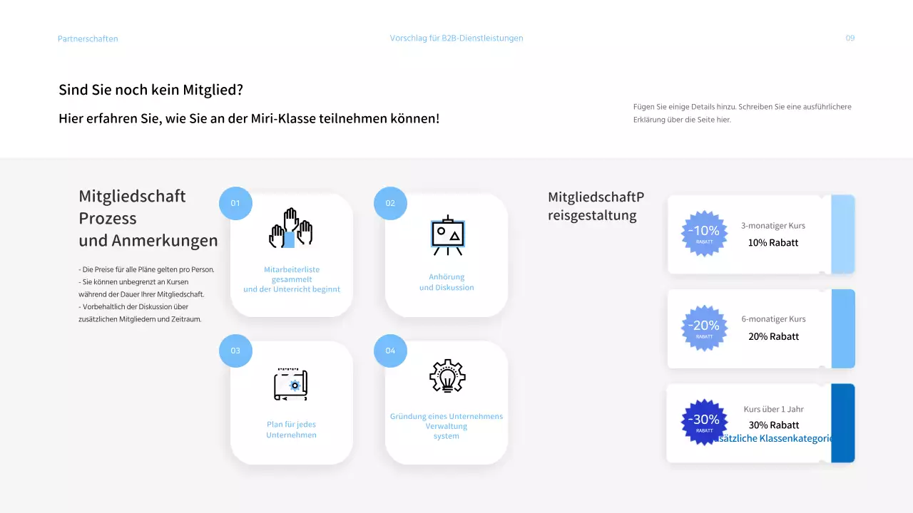 Präsentation eines Angebots für Unternehmensdienstleistungen mit hellblauem Farbschema