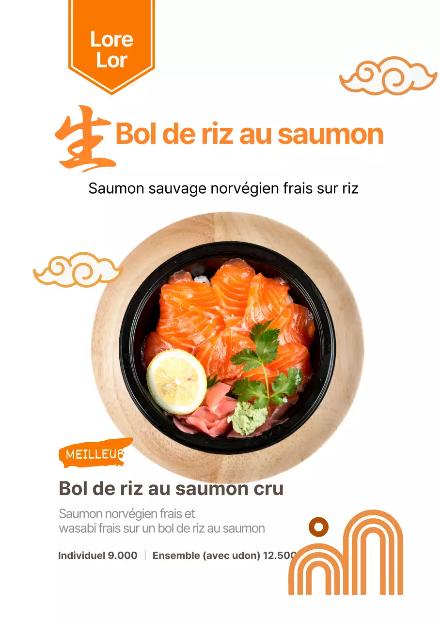 Affiche simple et transparente pour un restaurant japonais avec bol de saumon en rouge vibrant