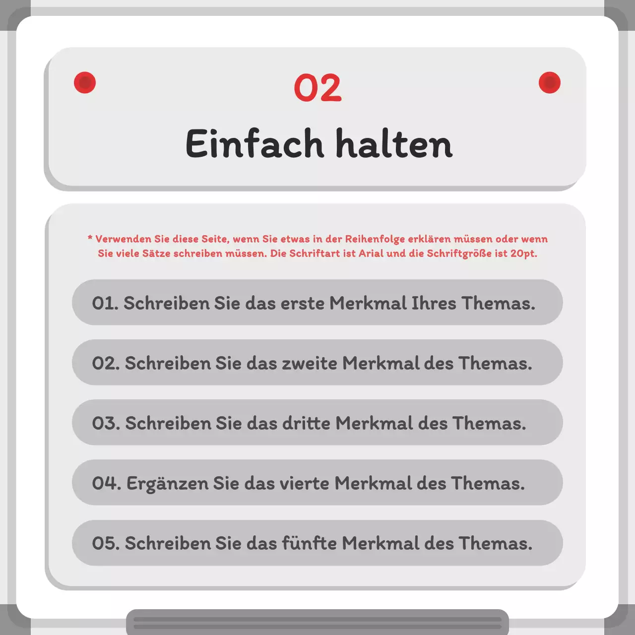 Minimalistisches Whiteboard-Konzept in Grau und Rot Schnelle Fakten zum Konzept