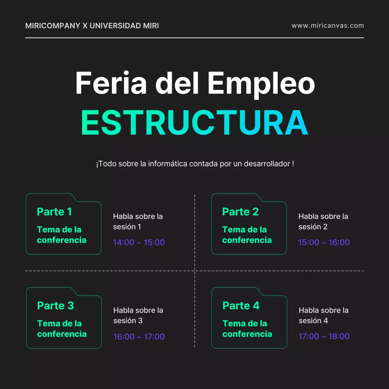 Una feria de empleo en línea para un desarrollador informático con un toque urbano, con formas geométricas en negro y colores neón.