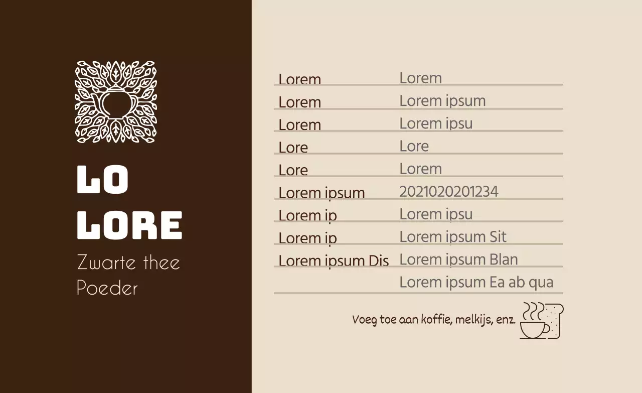 Bruin logo schoon voedsel zwarte thee poeder detaillabel