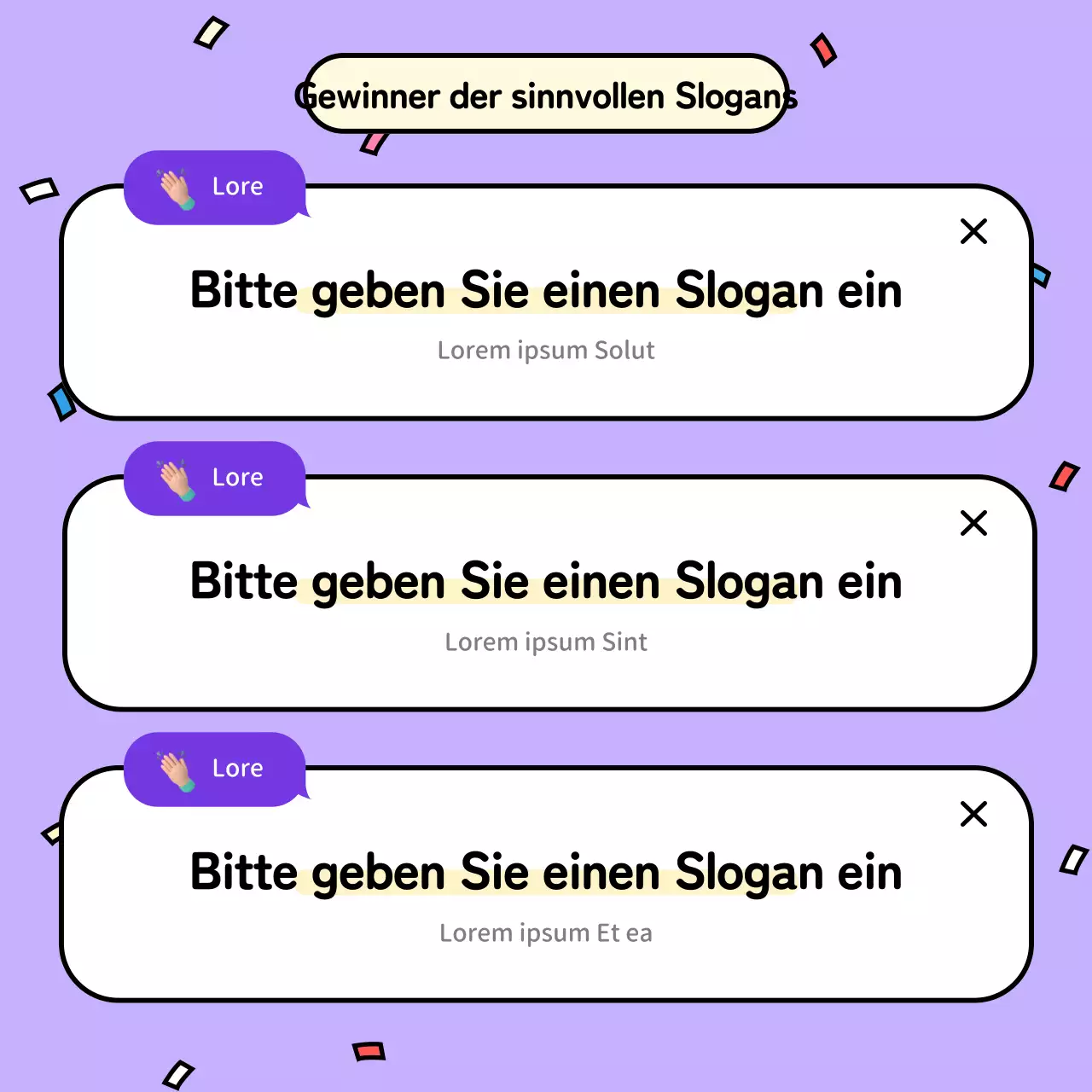 Der lila-gelbe Gewinner-Slogan unseres internen Wettbewerbs