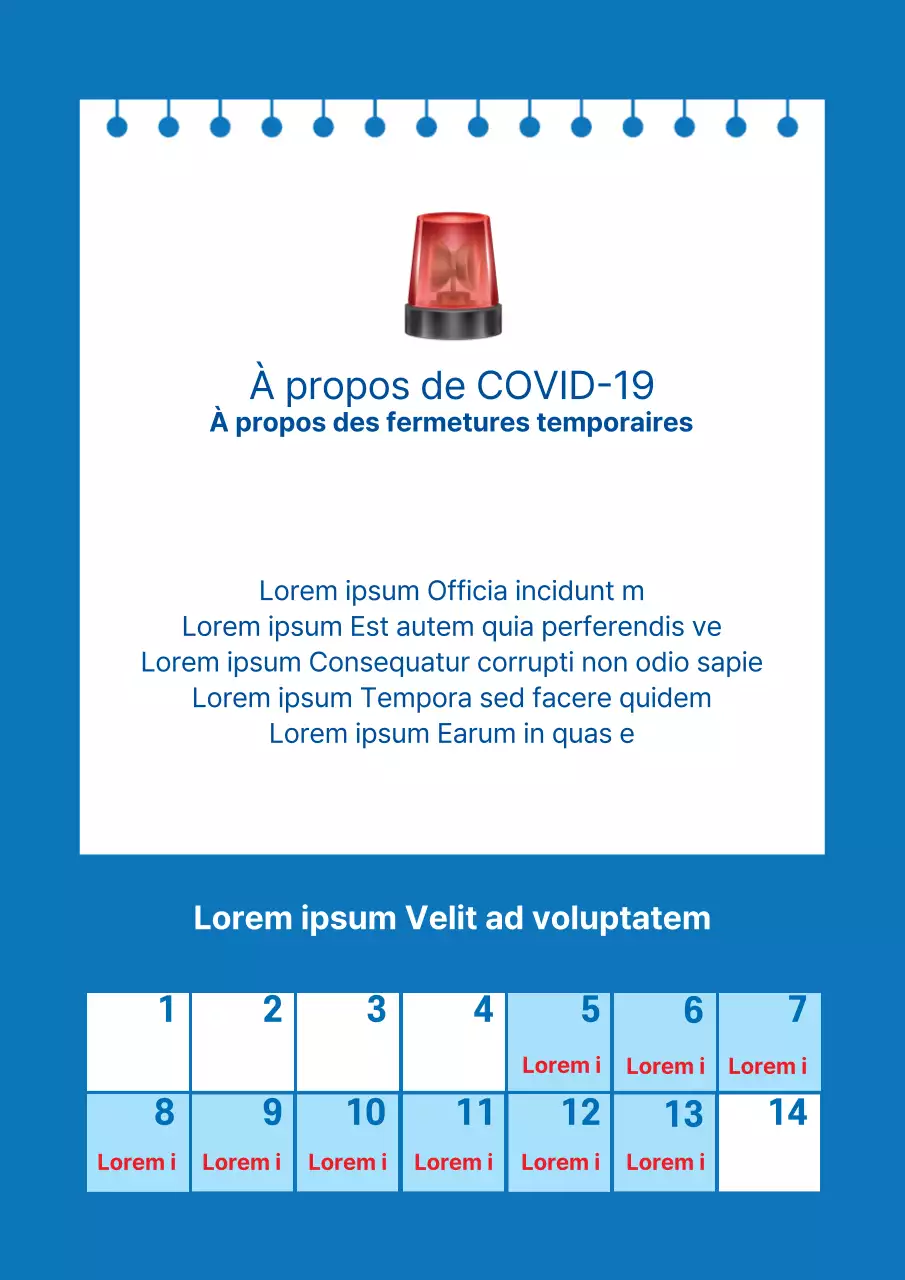 Annonces de fermetures temporaires avec calendrier bleu et illustrations de sirènes