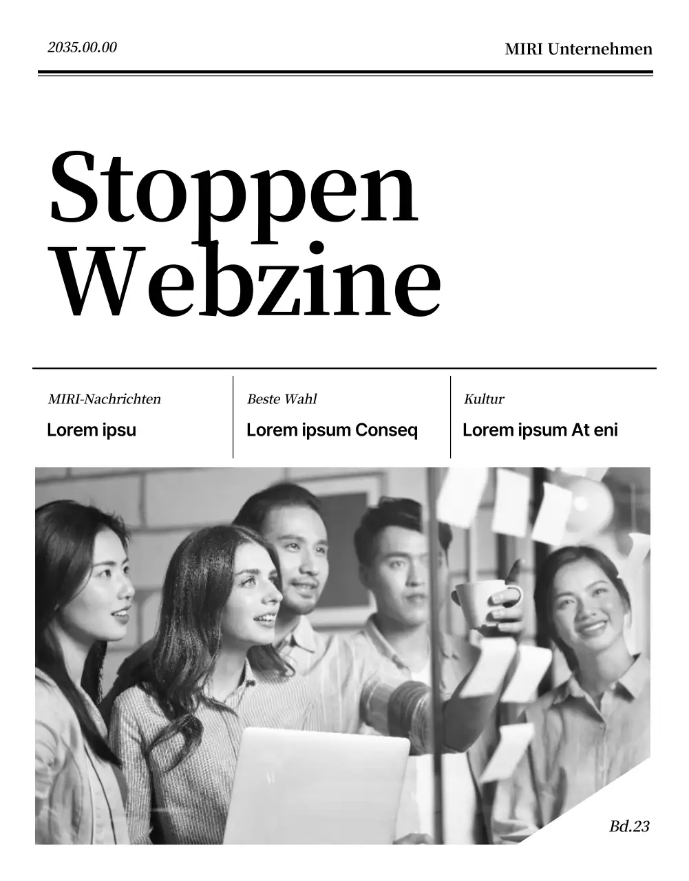 Corporate Webzine mit einem Magazin-Layout in Schwarz-Weiß und Blau