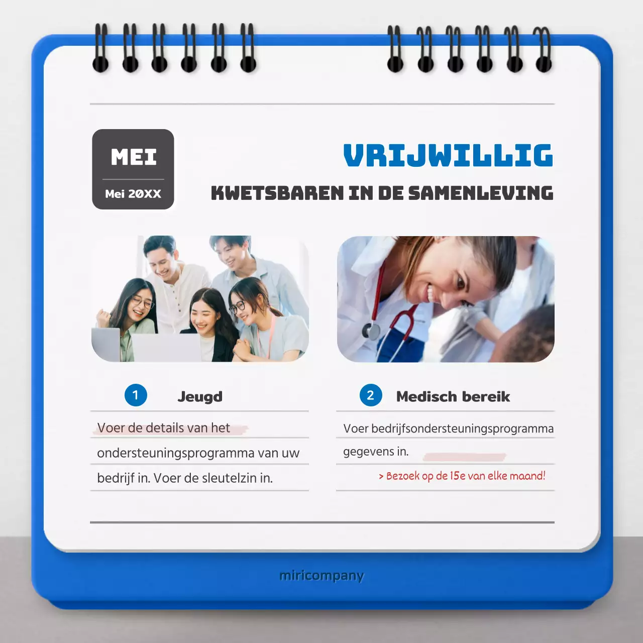 Promoot maatschappelijk verantwoord ondernemen met een rood-blauw kalenderconcept