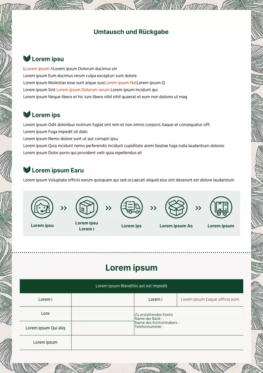 Grünes Rückgabeformular für den Umtausch mit Pflanzenblättern im Hintergrund