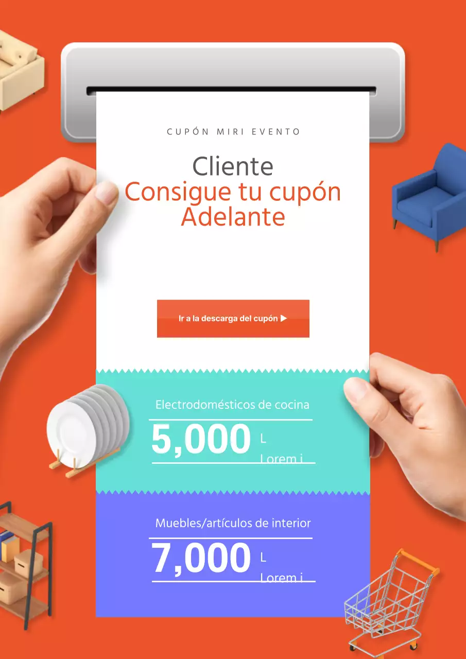 Promocione los cupones con un concepto de recibo con ilustraciones de atrezzo en 3D de color naranja