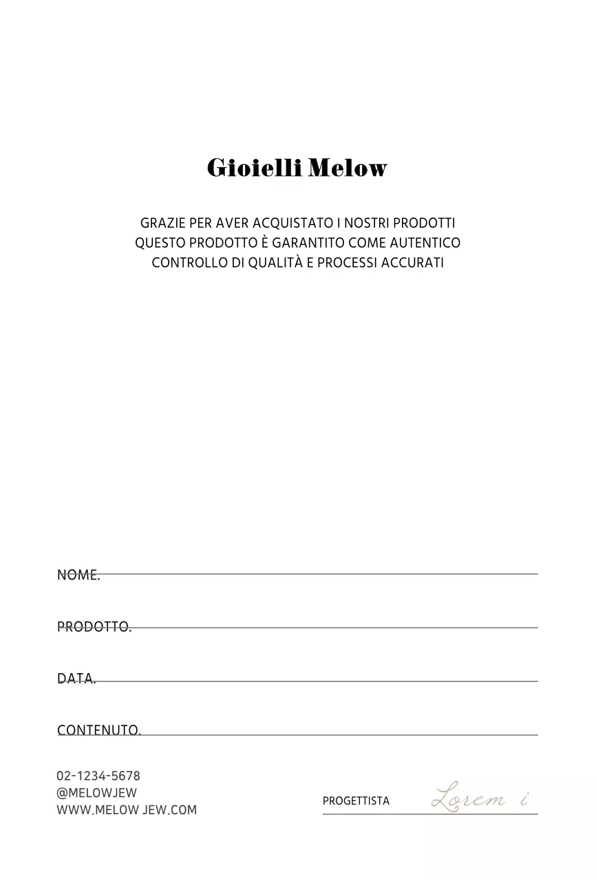 Cartolina di garanzia semplice di colore azzurro Cartolina per una gioielleria