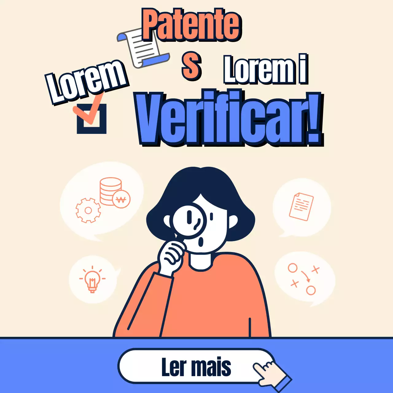 Cartão informativo do pedido de patente em bege, azul e laranja Notícias