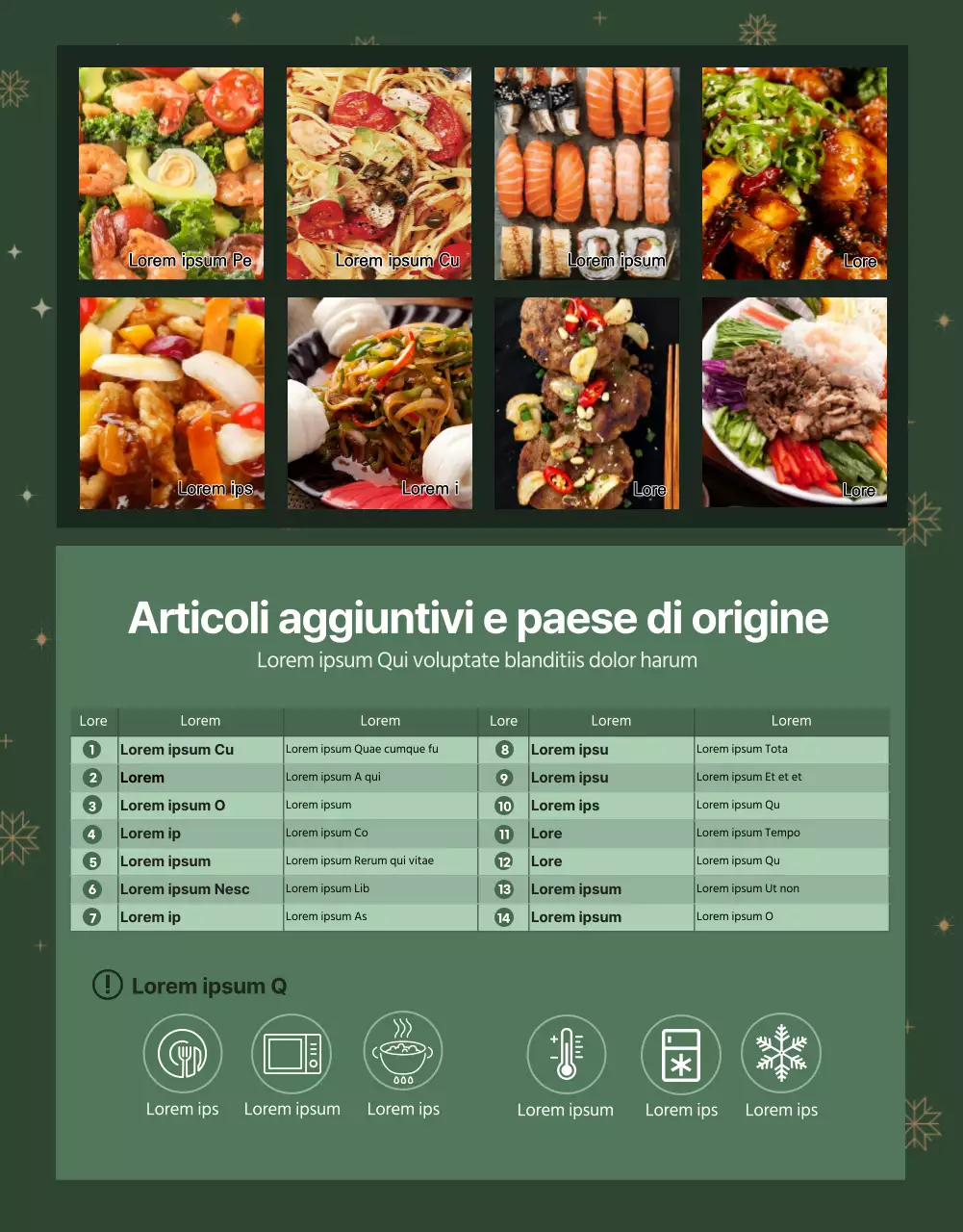 Dettagli del buffet natalizio verde e giallo