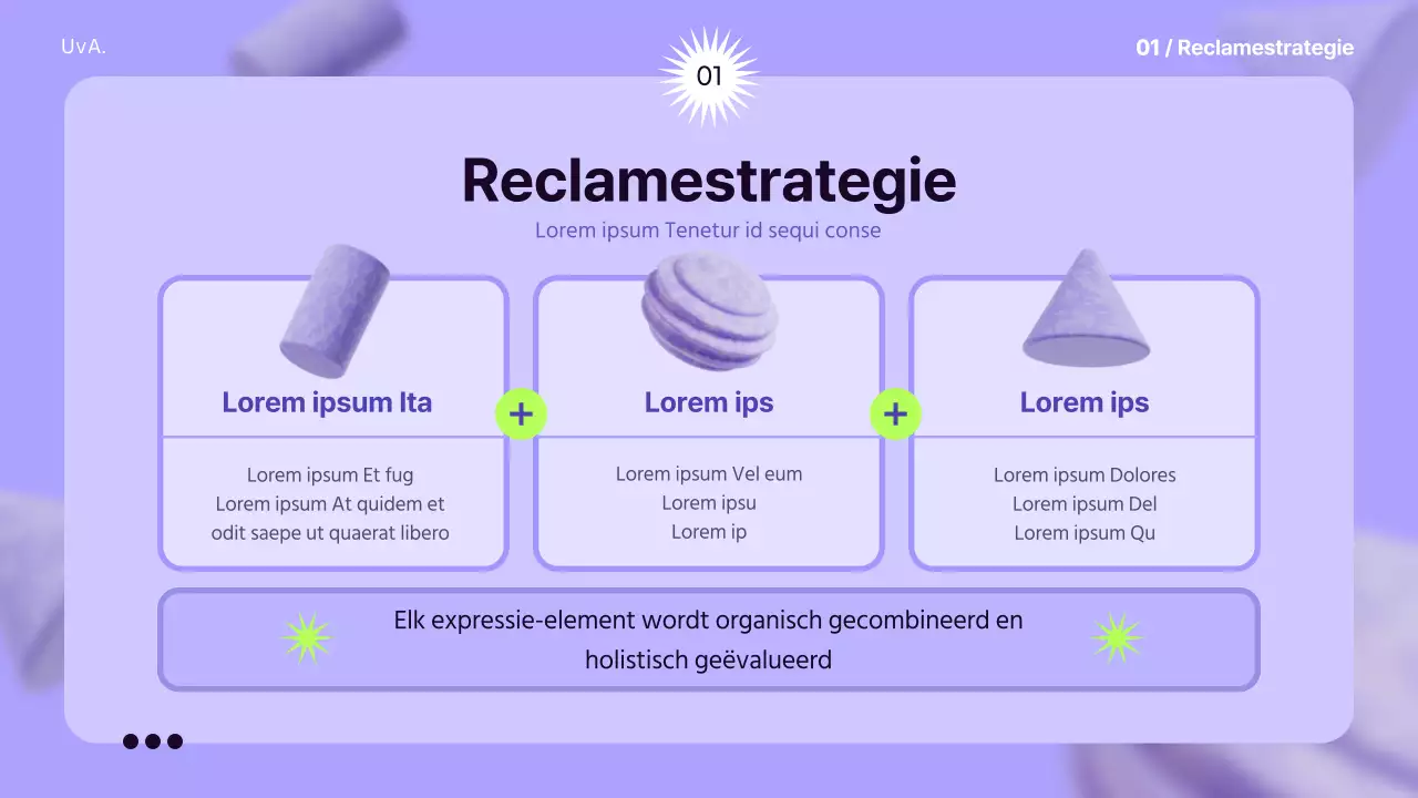 Gebruik 3D-elementen op een mauve achtergrond om een gevoel van ruimte te creëren om de reclamestrategie te informeren