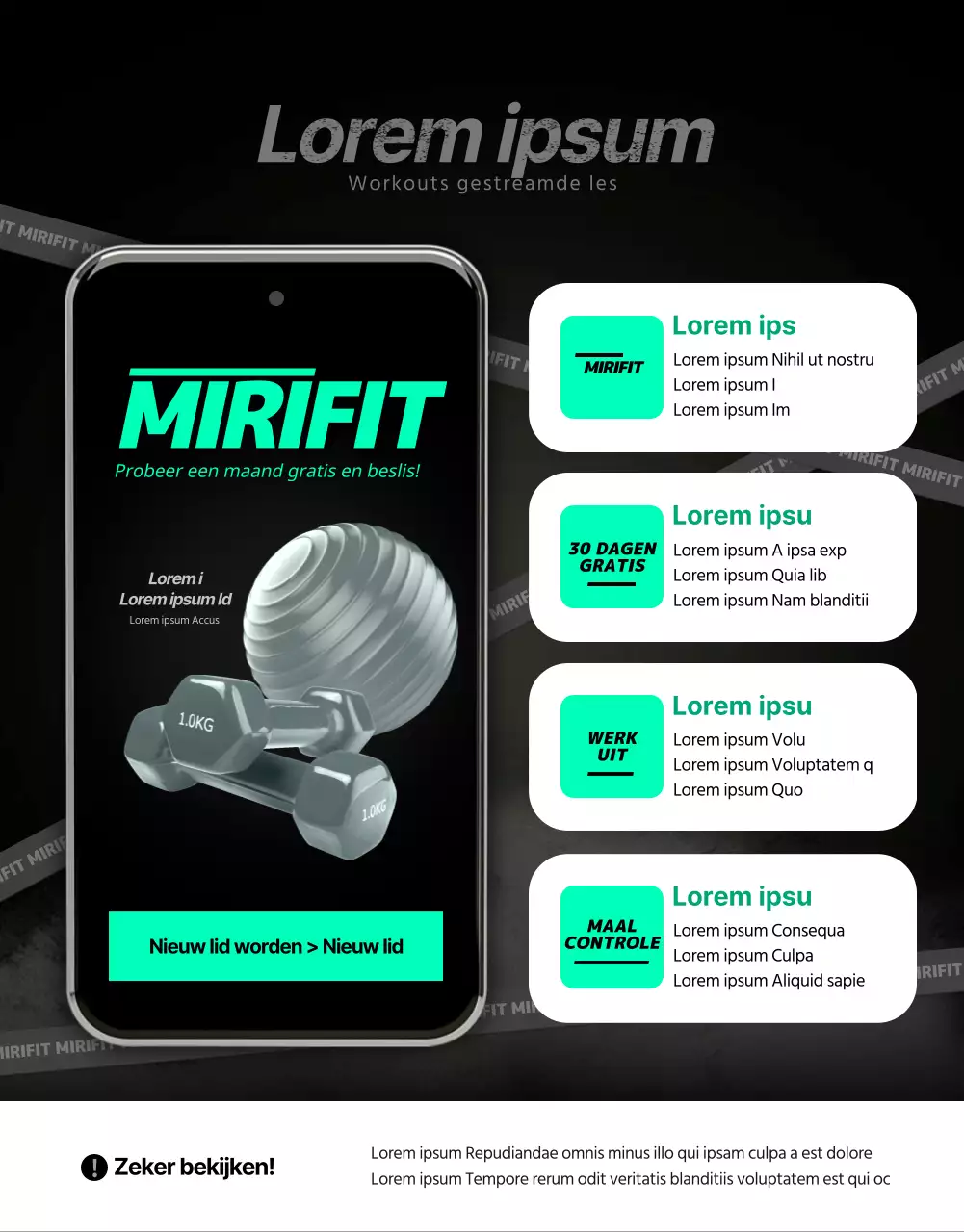 Sportieve zwarte en mintkleurige app voor thuistraining