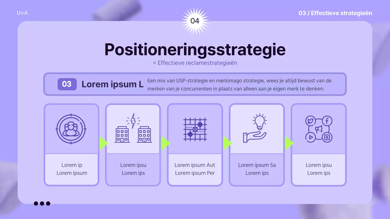 Gebruik 3D-elementen op een mauve achtergrond om een gevoel van ruimte te creëren om de reclamestrategie te informeren