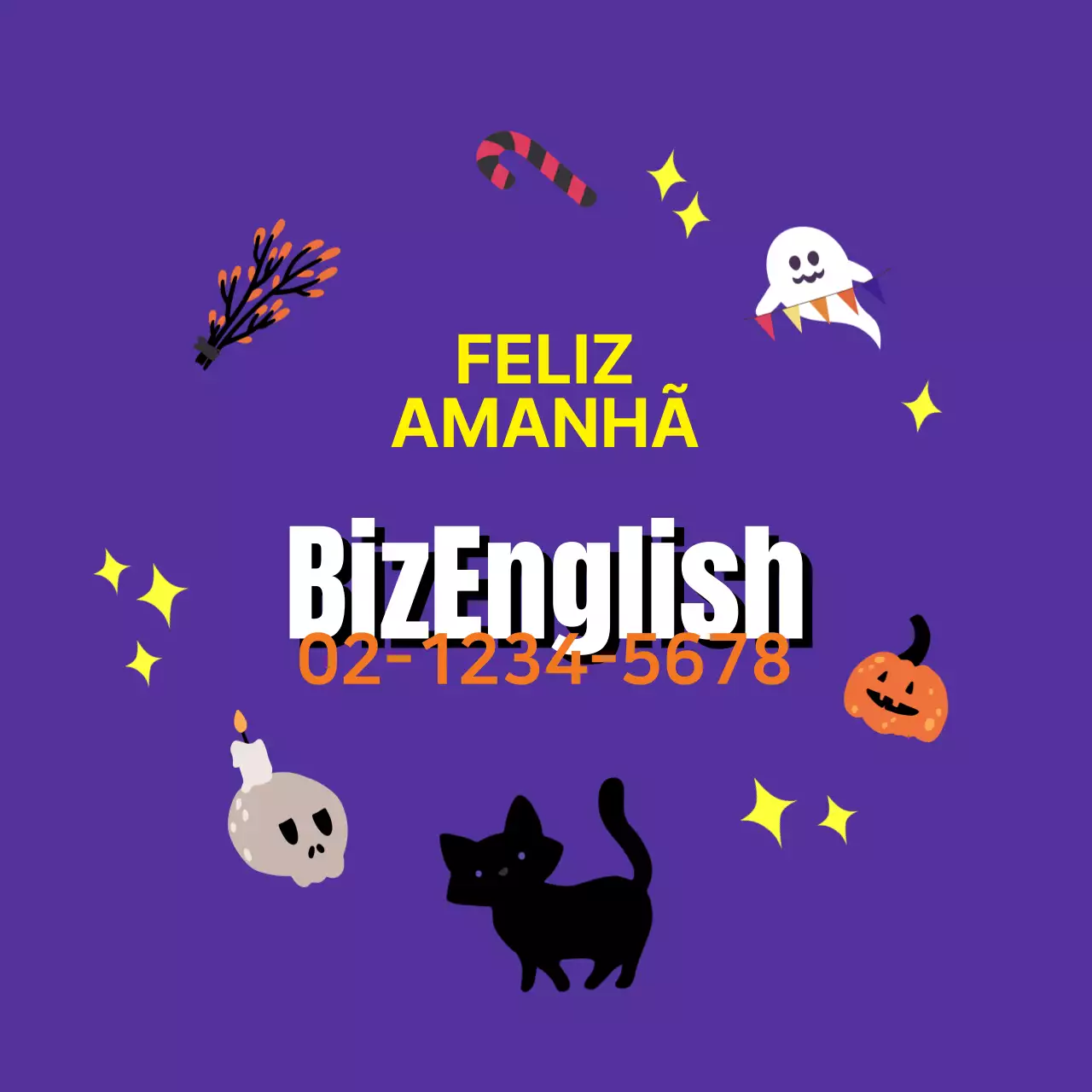 Roxo Amarelo Laranja Ilustração Halloween Escola de Inglês Promoção