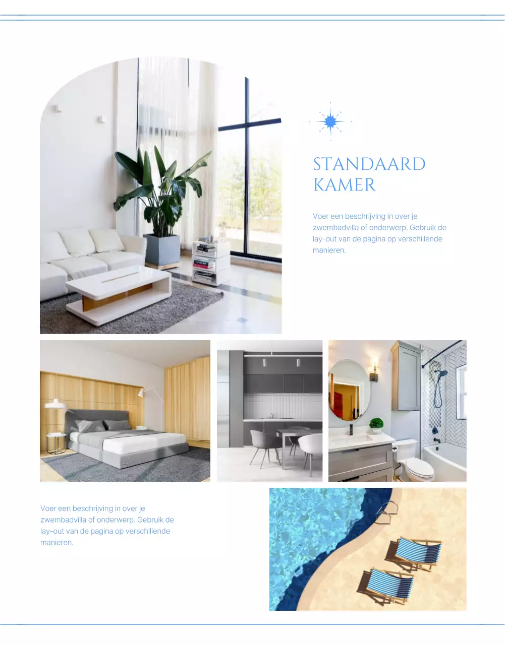 Hoe boek je een zwembadvilla met een contrasterend lichtroze en koelblauw kleurenschema