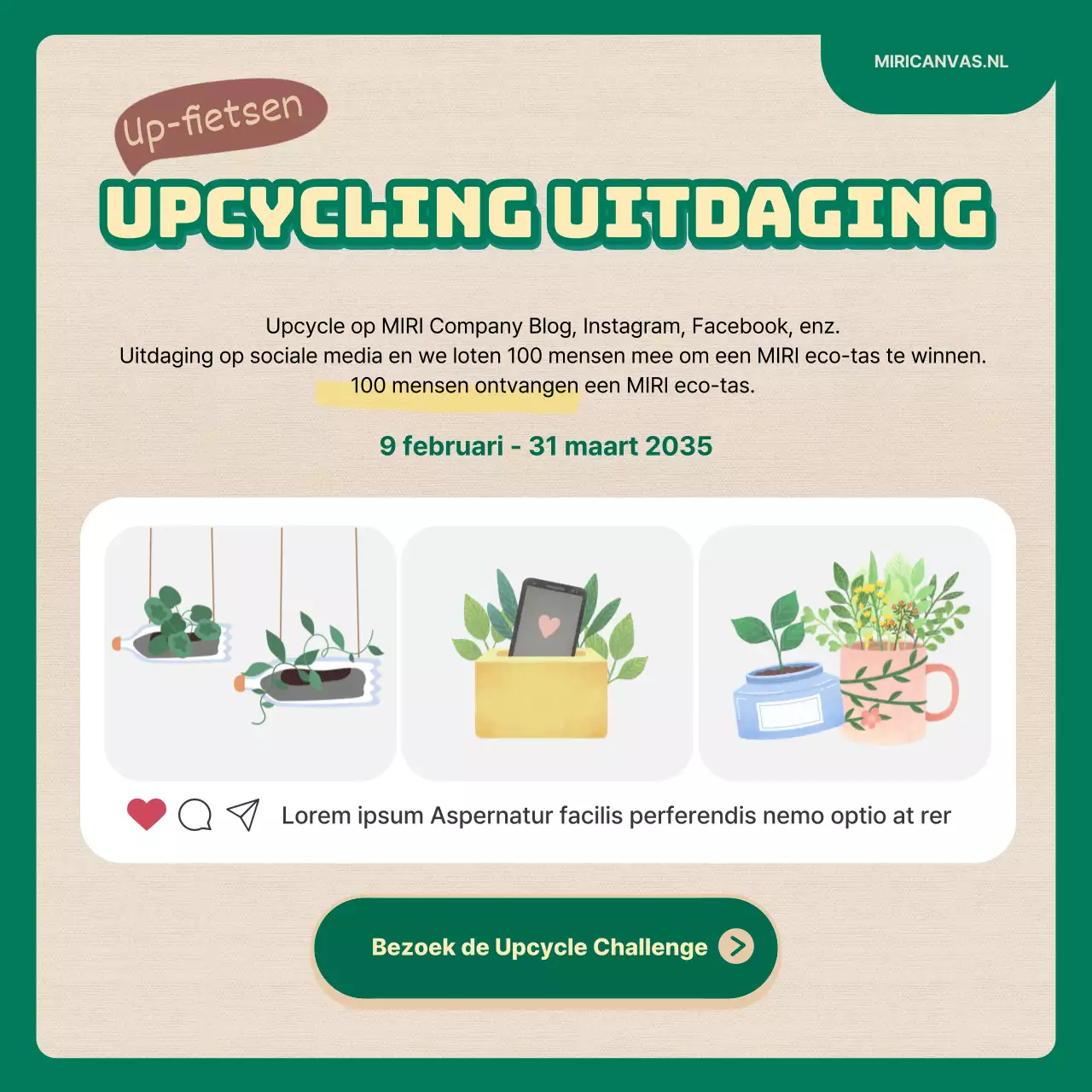 Upcycling uitdaging met groene en beige illustraties CardNews