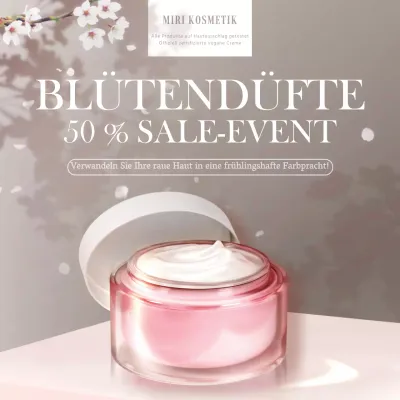 Werbeanzeige für Kosmetika in Rosa und Weiß mit einem Frühlingsthema