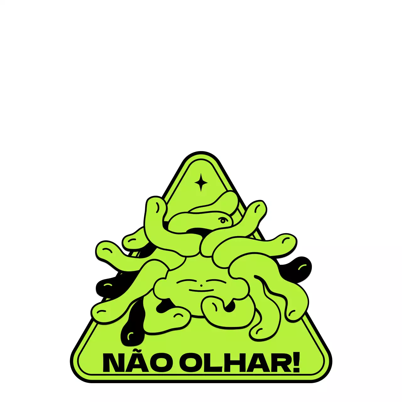 Mercadoria personalizada em estilo ilustração da personagem Medusa, gira e moderna, em verde lima e preto.