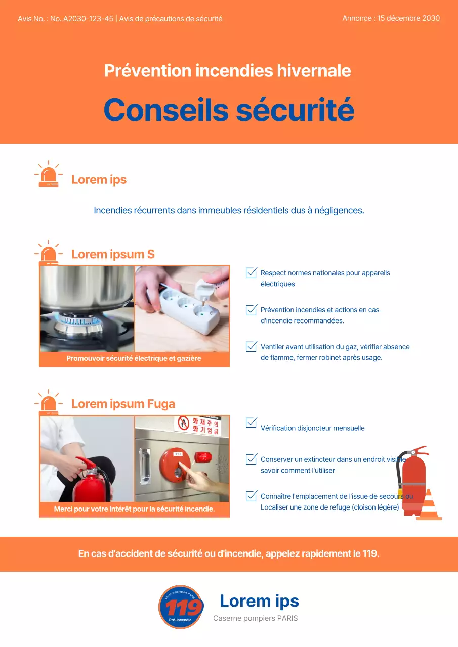 Illustration simple en orange et bleu pour vous aider à suivre les conseils de sécurité incendie en hiver