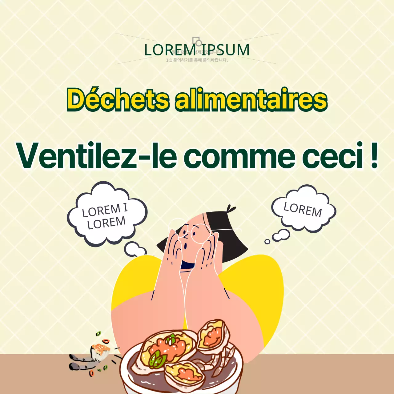 Conseils illustrés jaunes et verts sur les déchets alimentaires