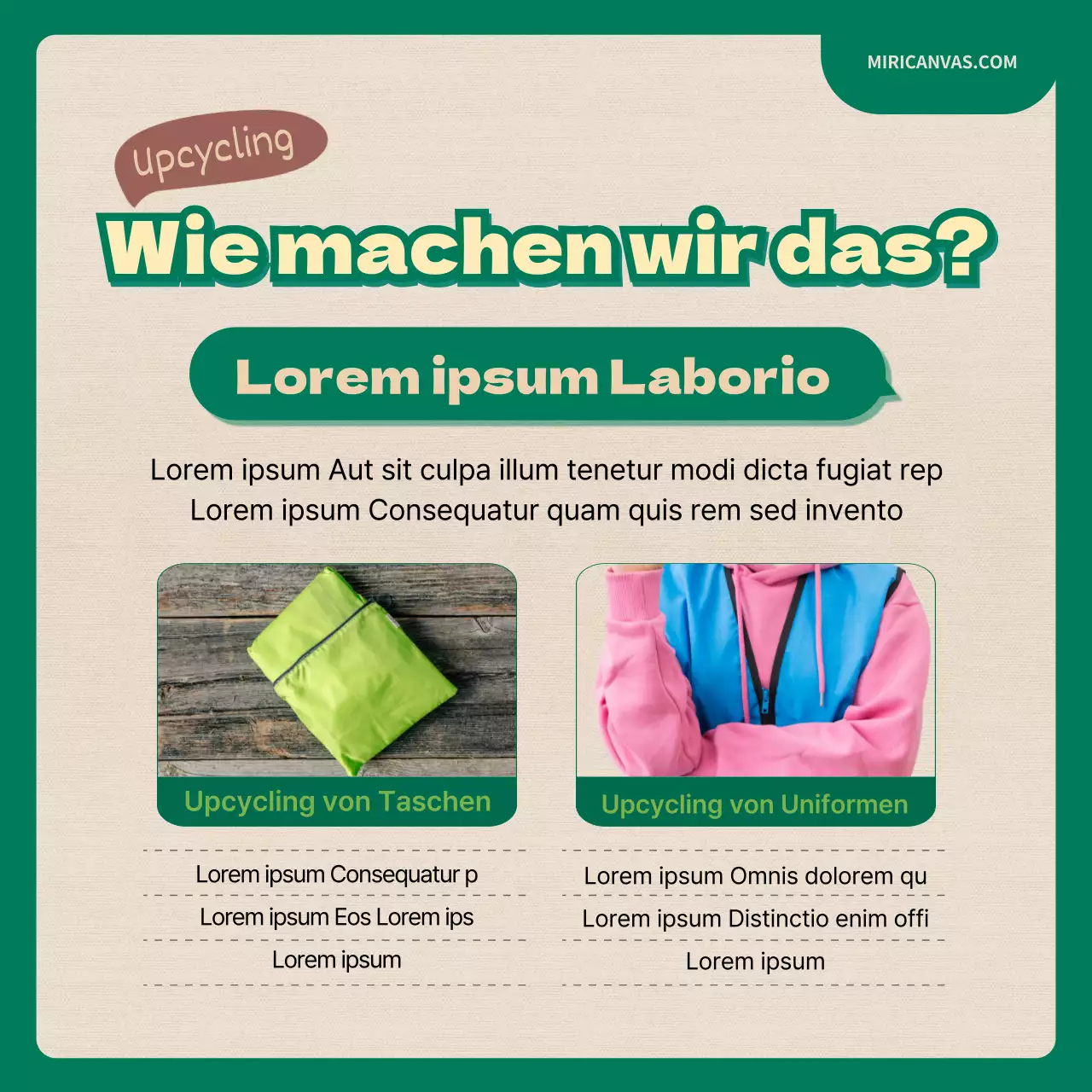 Upcycling-Herausforderung mit grünen und beigen Illustrationen CardNews