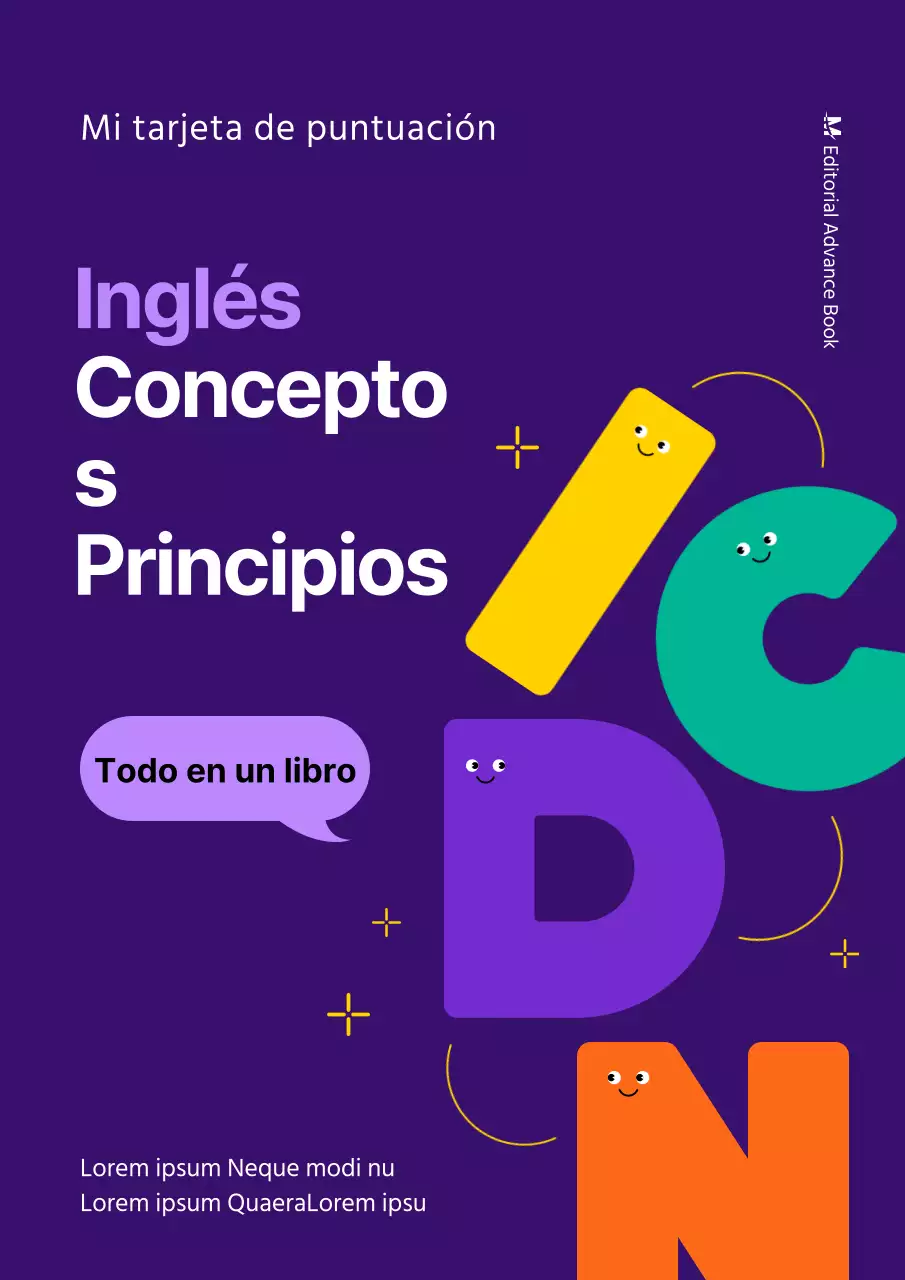 Cuaderno de preguntas en inglés con el alfabeto morado resaltado