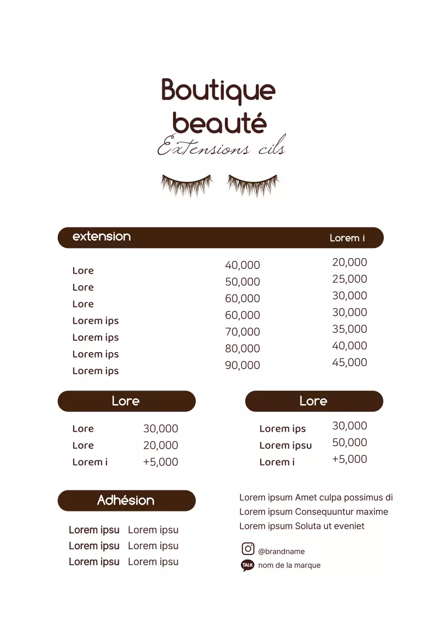 Le menu de Brown's Basic Style Eyelash Extensions.