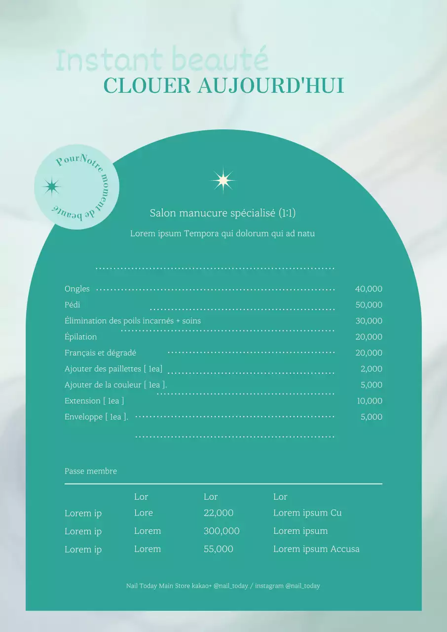Tableau de menu d'un salon de manucure en émeraude sur fond de marbre