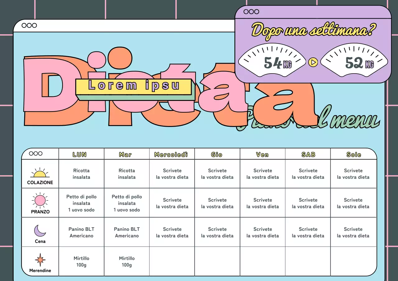 Azzurro rosa viola fresco colorato carino piano pasto dieta