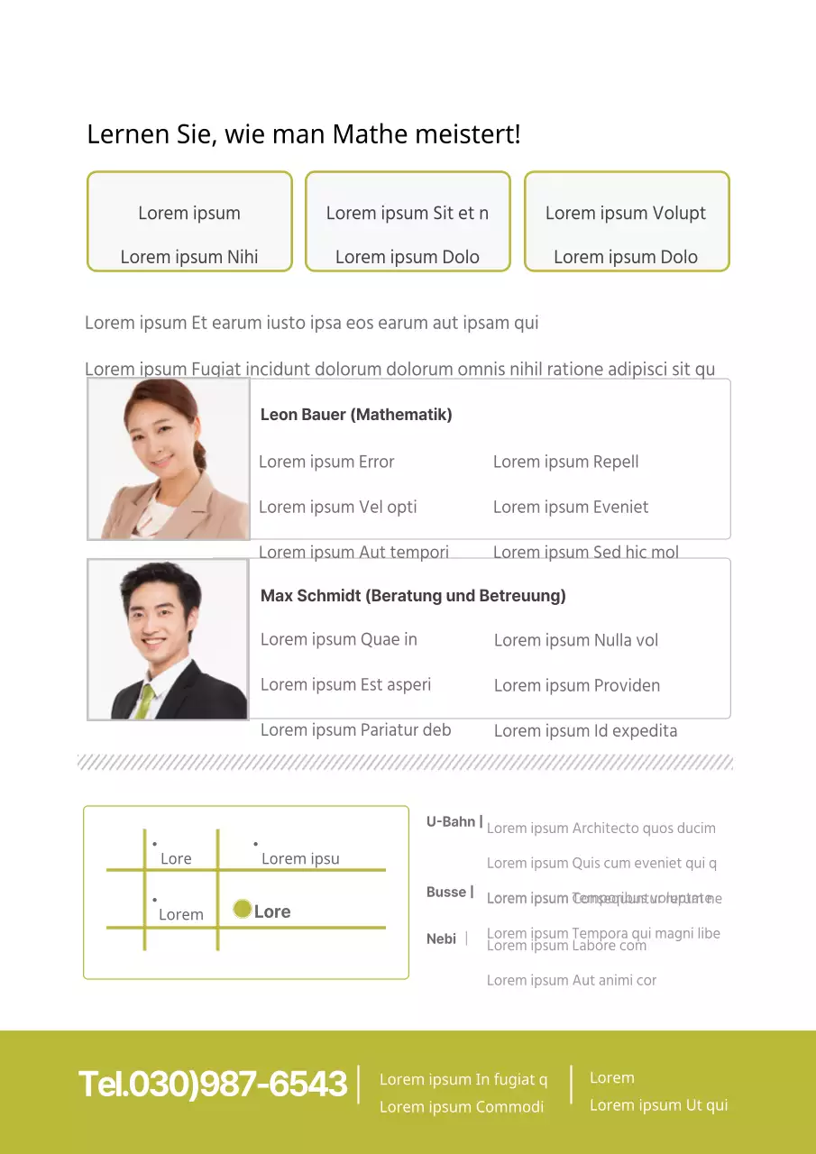 Einfache Schulwerbung mit einem Bild des Tutors in Grün