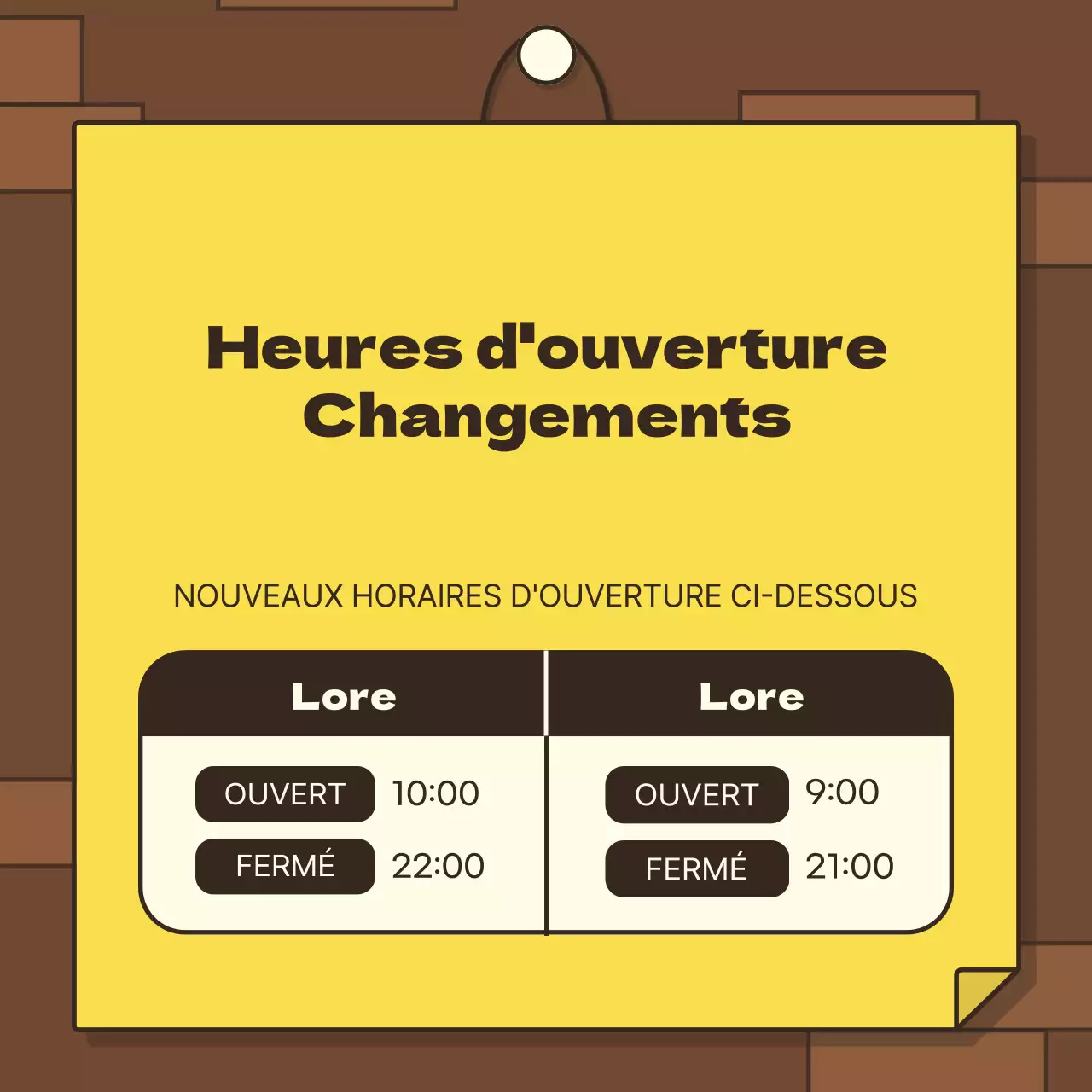 Concept de mur de briques brunes et de papier jaune avec heures d'ouverture mignonnes