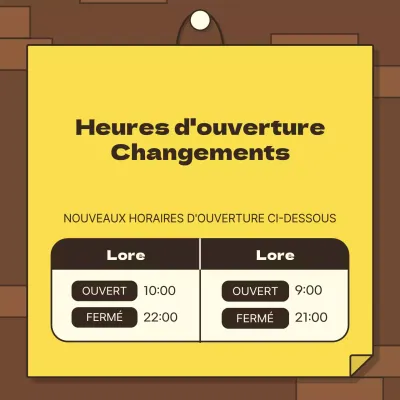 Concept de mur de briques brunes et de papier jaune avec heures d'ouverture mignonnes