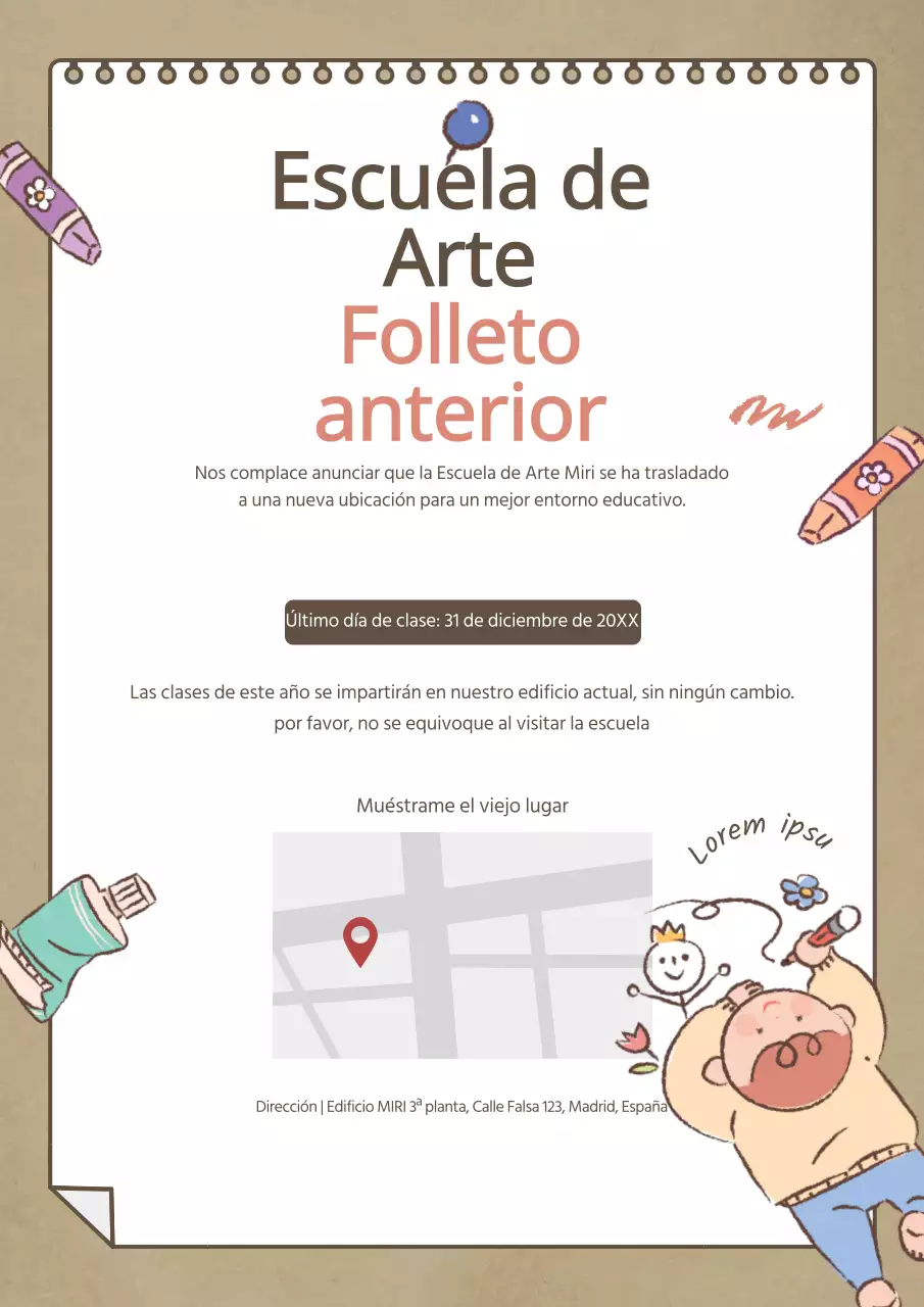 Carta de reubicación en una escuela de arte con simpáticas ilustraciones