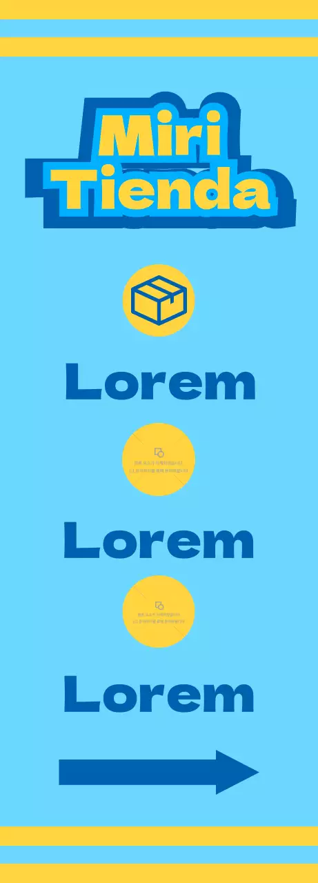 Tienda de comestibles con iconos azules y amarillos que promocionan diversos servicios