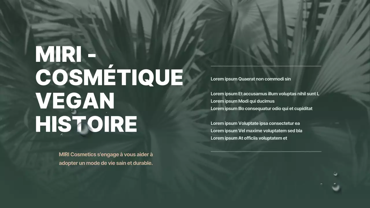 Présentation d'un argumentaire de produit cosmétique végétalien naturaliste aux tons verts