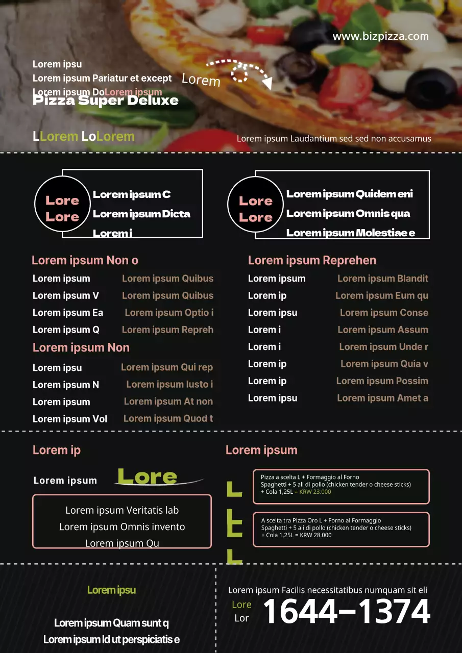 Cartellone del menu della pizzeria con foto in nero