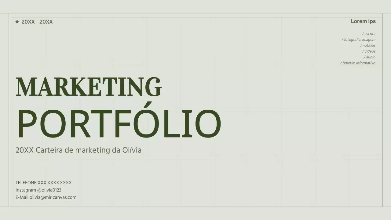 O portefólio de um profissional de marketing de conteúdos com um conceito de grelha verde e simples