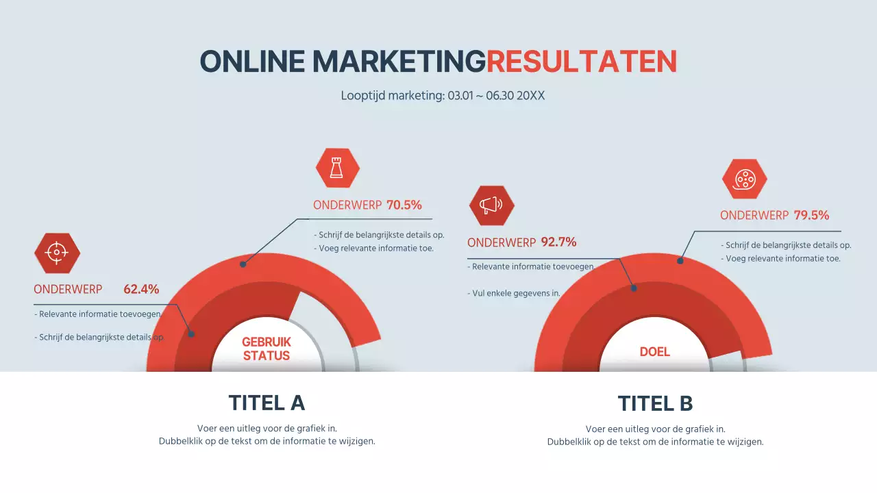 Rapportagegrafiek operationele online marketingresultaten in marineblauw en rood