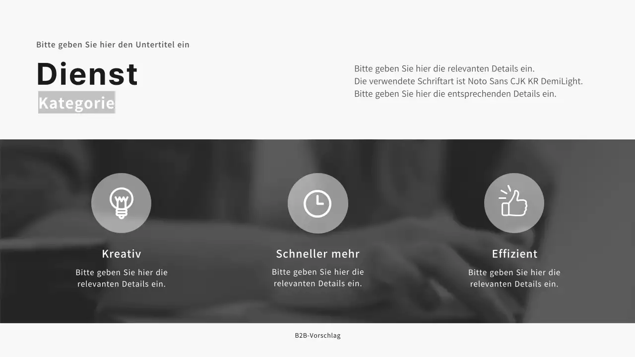 Präsentation eines B2B-Angebots für Unternehmen in Schwarz- und Grautönen