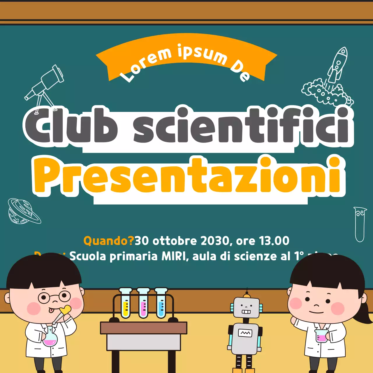 Una presentazione per il club scientifico della scuola primaria evidenziata da simpatiche illustrazioni