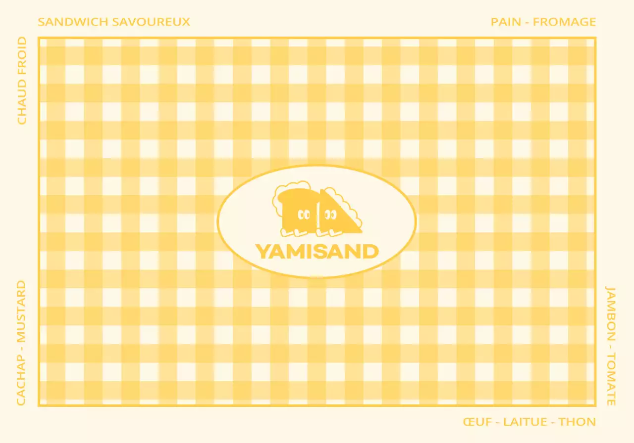 Une sandwicherie avec un motif à carreaux rouges et jaunes et des personnages mignons.