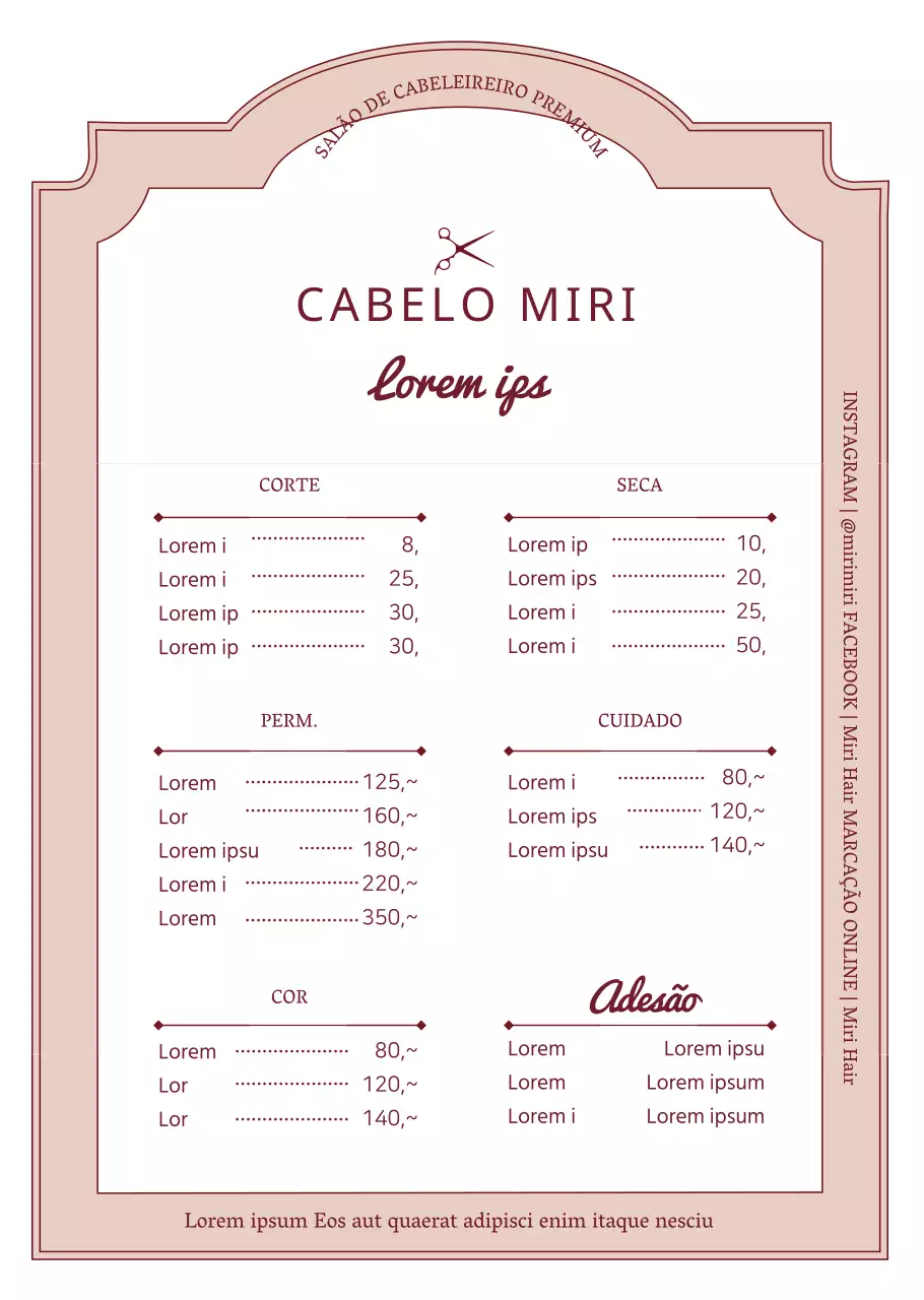 Quadro de menu de preços de salão de cabeleireiro em moldura vintage cor-de-rosa