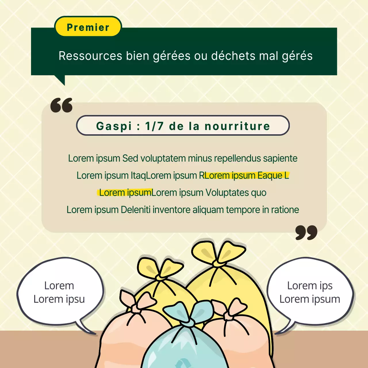 Conseils illustrés jaunes et verts sur les déchets alimentaires