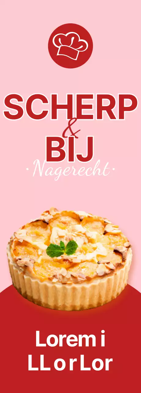 Een banner die een menu van zoete dessert taartjes introduceert met een roze achtergrond