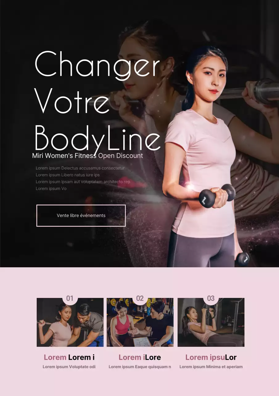 Promouvoir l'ouverture d'une salle de sport réservée aux femmes avec une photo rose d'une femme faisant de la musculation.