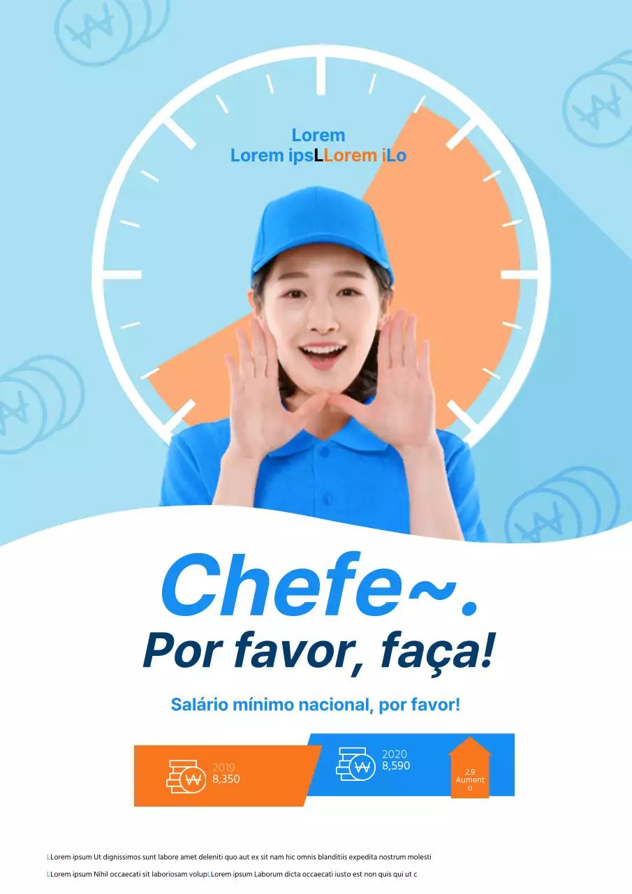 Folheto simples de campanha sobre o salário mínimo em azul claro e laranja
