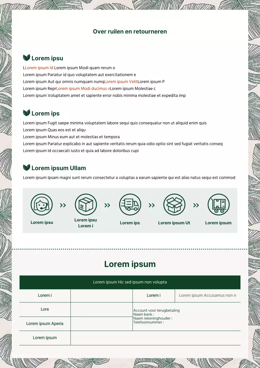 Groen ruilretourformulier met plantenbladachtergrond