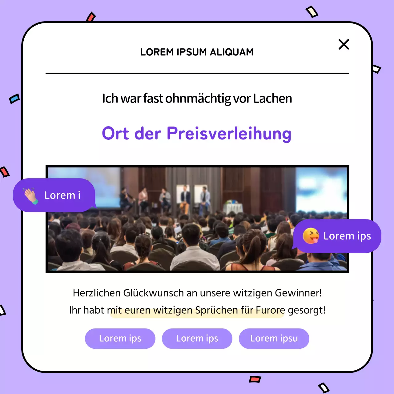 Der lila-gelbe Gewinner-Slogan unseres internen Wettbewerbs