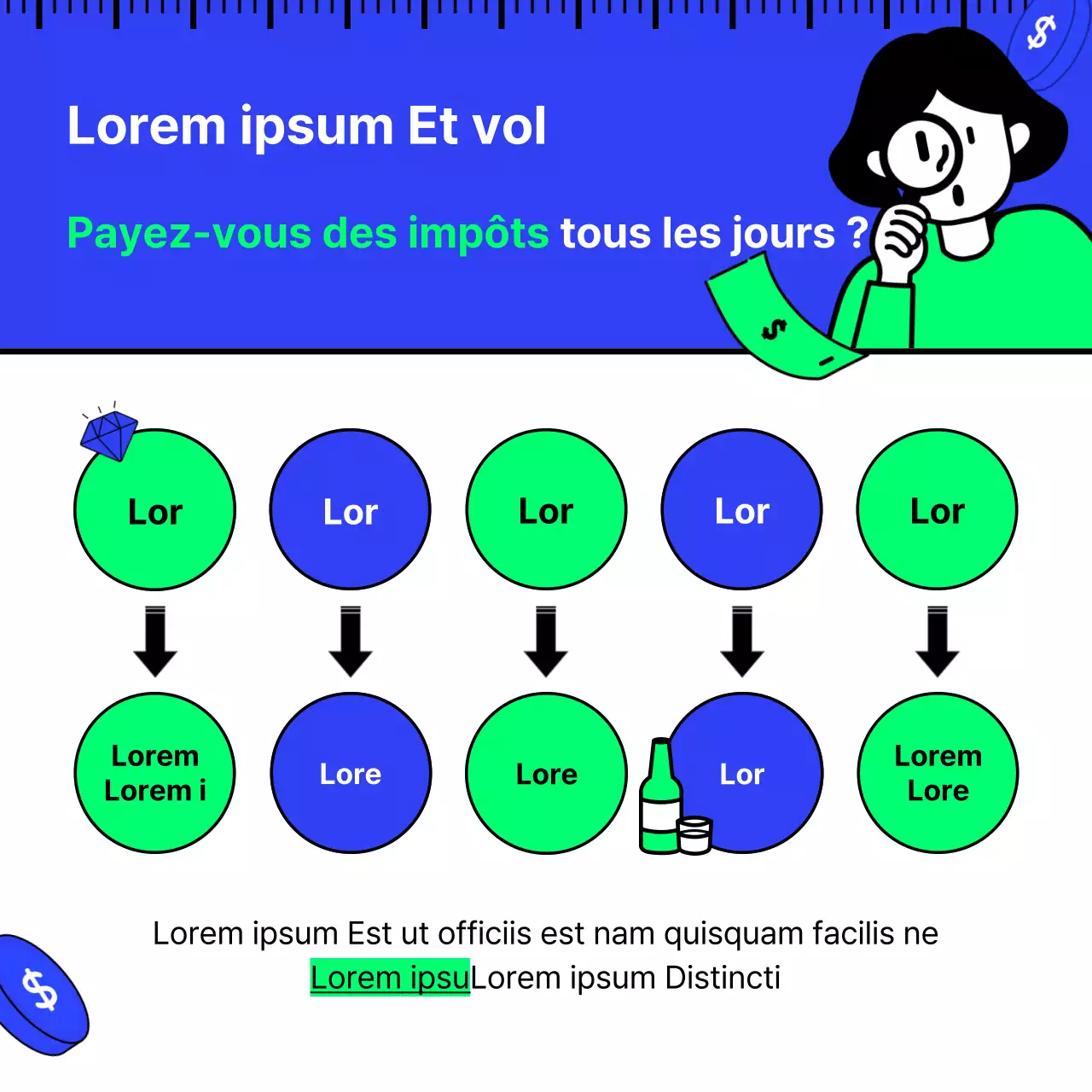Les économies d'impôts en bleu et chartreuse avec des illustrations simples, épurées et inspirantes Les bases de la technologie fiscale
